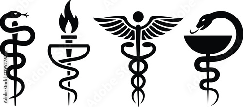 Caduceus snake icon, classic medical symbol with intertwined snakes, vector logo illustration for healthcare clinics hospitals and medicine concepts.