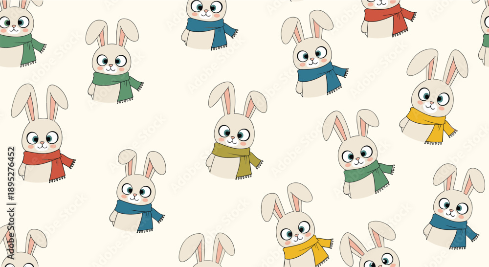 Fototapeta premium Adorable seamless pattern of cute cartoon rabbits wearing colorful scarves for a cozy and whimsical winter design.