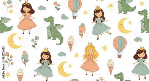 Whimsical seamless pattern featuring little princesses, friendly dragons, hot air balloons, and sweet ice cream cones.