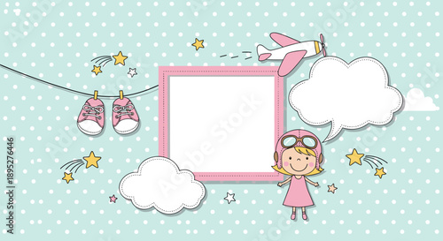 Sweet baby girl birth announcement frame featuring a little pilot, a pink airplane, and fluffy clouds on a polka dot base.