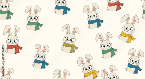 Adorable seamless pattern of cute cartoon rabbits wearing colorful scarves for a cozy and whimsical winter design.