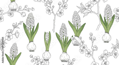 Beautiful seamless floral pattern featuring hyacinth flower bulbs and delicate cherry blossom branches with leaves.