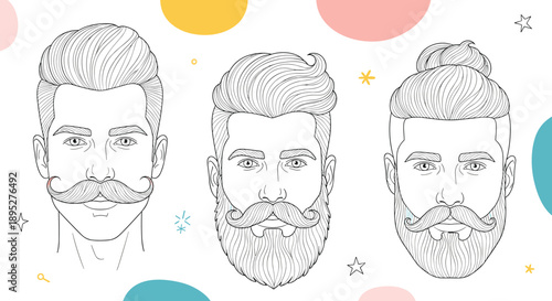 High contrast line art portraits of three men with different stylish beard and hair combinations in a sketch style.