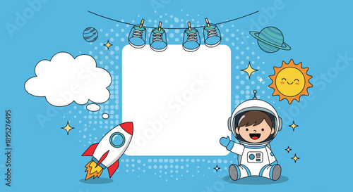 Cute space themed frame featuring a little boy astronaut, a rocket ship, a smiling sun, and colorful planets in the sky.