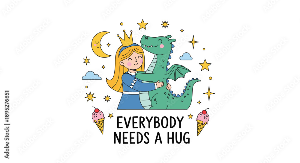 Obraz premium Charming illustration of a princess hugging a friendly green dragon surrounded by stars, clouds, moons, and pink ice cream cones.