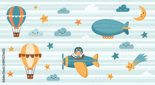 Sky themed border with hot air balloons, a vintage blimp, a pilot in an airplane, clouds, stars, and a crescent moon on stripes.