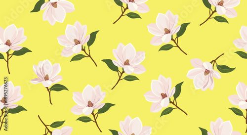 Beautiful seamless floral pattern of pink magnolia flowers and green leaves scattered across a bright yellow background for decor.