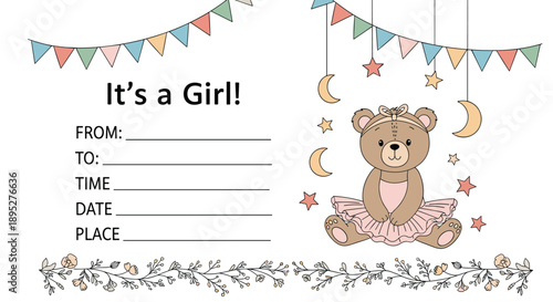 Pink baby shower invitation template featuring an adorable teddy bear in a tutu with hanging stars, moons, and festive party flags.