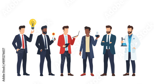Diverse group of male professionals including a scientist, businessman, and researcher holding various work related tools and objects.