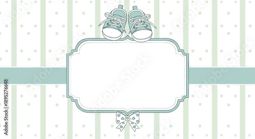 Baby boy invitation card design featuring a decorative frame, blue baby shoes, a bow, and a green polka dot and striped background.