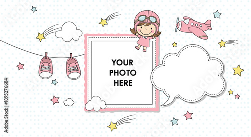 Adorable baby girl photo frame template featuring a little pilot character, pink airplane, shoes, and whimsical stars and clouds.