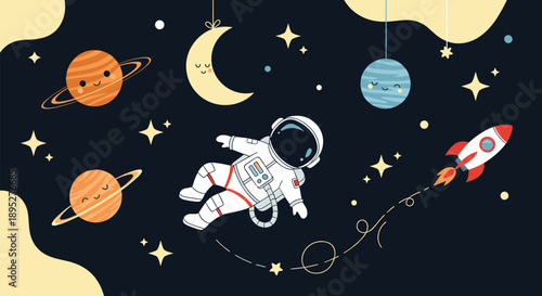 Enchanting space scene with a floating astronaut surrounded by cute planets, a moon, stars, and a rocket against a dark blue sky.