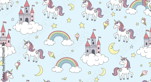 Magical unicorn themed seamless pattern featuring castles on clouds, rainbows, unicorns, crescent moons, and stars on light blue.