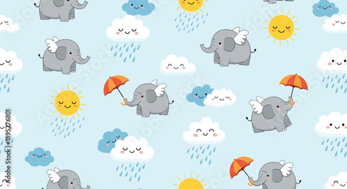 Adorable seamless pattern for children featuring cute gray elephants with wings, smiling clouds, rainy clouds, and happy yellow suns.