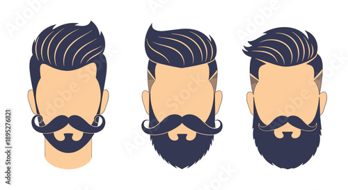 Set of three stylish male characters with elaborate vintage hairstyles, long mustaches, and groomed beards on a white background.