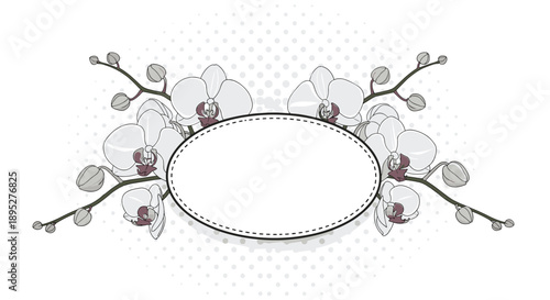 Elegant floral frame design featuring white and purple orchid blossoms and buds around a central oval blank space for text or messages.