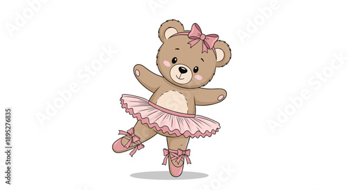 Adorable ballerina teddy bear illustration wearing a pink tutu, a bow, and ballet shoes in a graceful dancing pose on a white background.