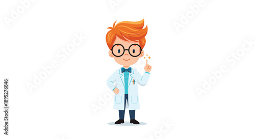 Adorable little boy character dressed as a scientist in a white lab coat and glasses pointing up with a brilliant idea concept.