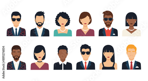 Set of twelve diverse male and female avatar icons featuring elegant clothing, stylish accessories, and varied ethnicities for user profiles.