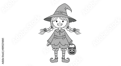 Cute black and white line art illustration of a little girl dressed as a witch for Halloween holding a pumpkin candy bucket for coloring.