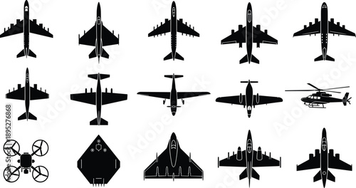 Aircraft silhouette set, airplane helicopter drone icons, top view aviation collection, military civil aircraft shapes isolated white