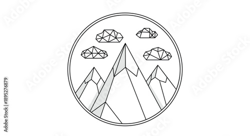 Modern geometric mountain landscape icon in a circular frame featuring stylized peaks and polygonal clouds in a minimalist black and white design.