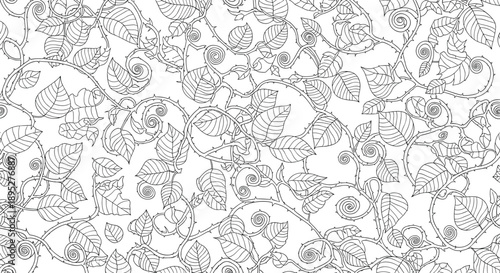Highly detailed black and white seamless pattern featuring intricate line art of winding rose vines with leaves, buds, and thorns for coloring.