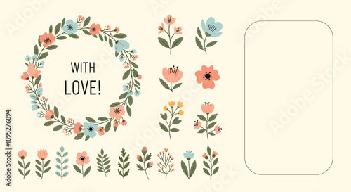 Charming collection of hand-drawn floral icons and a flower wreath with the text With Love in a sweet, rustic illustration style.