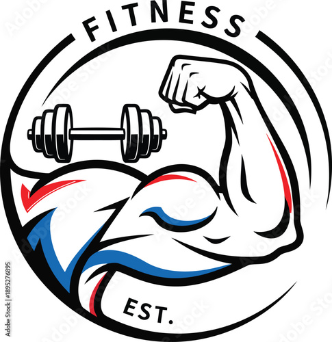 Strong arm fitness logo with dumbbell isolated on transparent background, Vector