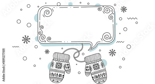 Black and white line art frame with a pair of patterned mittens hanging below a decorative rectangular border with snowflakes.