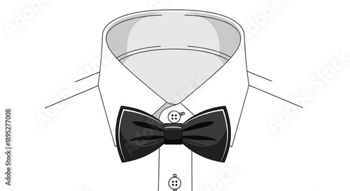 Close up illustration of a classic black bow tie perfectly centered on a crisp white dress shirt collar with buttons.