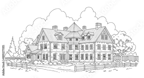 Detailed architectural line drawing of a large multi-story traditional house with many windows, chimneys, and a surrounding fence and garden.
