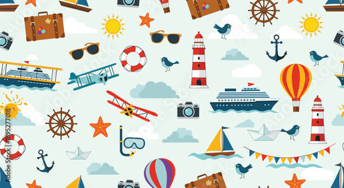 Vibrant seamless pattern with various travel and sea related icons including ships, planes, lighthouses, anchors, and hot air balloons.