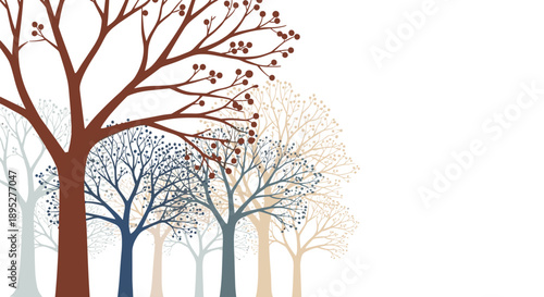 Artistic representation of a forest with diverse tree silhouettes in brown, blue, and beige colors on a plain white background.