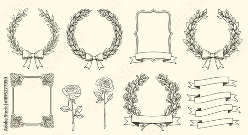 Vintage style set of classical laurel wreaths, decorative frames, roses, and elegant banners for award or invitation design.