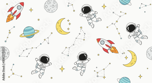 Playful seamless pattern for children featuring astronauts, rockets, planets, moons, and constellations on a light grey background.