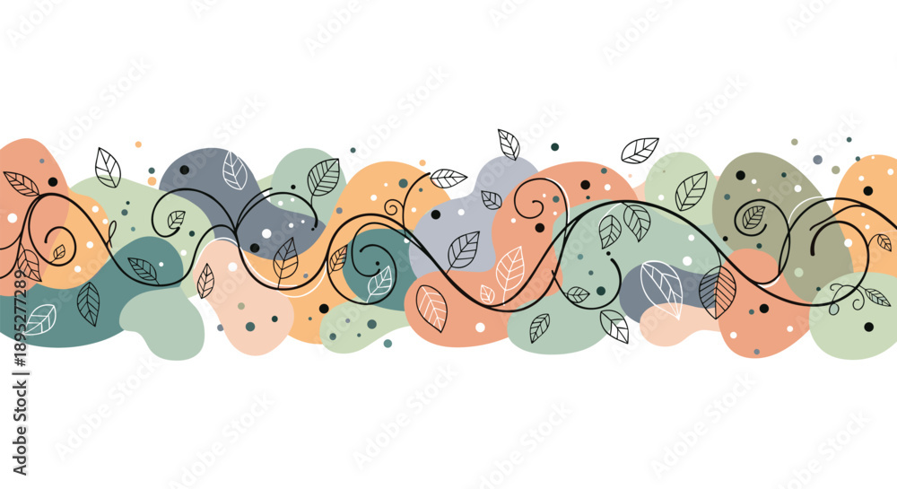 Naklejka premium Colorful abstract horizontal banner featuring flowing green and orange shapes with delicate black line leaf sketches and vine patterns.