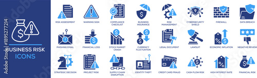 Business Risk icon collection set. Containing design Risk Assessment, Compliance Checklist, Business Insurance, Risk Management, Firewall. Solid icon collection.