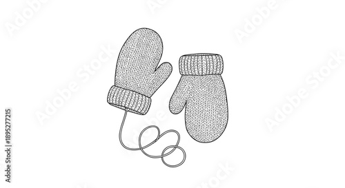 Simple black and white line drawing of a pair of cozy winter mittens connected by a long curly string on a plain white background.