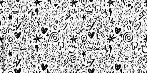 Chaotic black and white doodle pattern with various hand drawn shapes