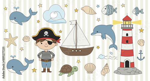 Cute cartoon set of pirate themed elements including a young boy pirate, a sailing ship, whales, dolphins, and various sea creatures.