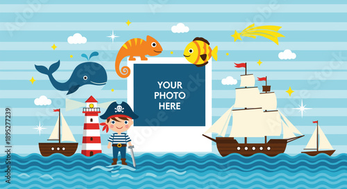 Fun children pirate themed photo frame featuring a young pirate boy, a sailing ship, a whale, a chameleon, and various sea creatures.