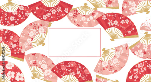 Elegant decorative frame composed of numerous red and pink traditional Japanese folding fans adorned with delicate floral patterns.