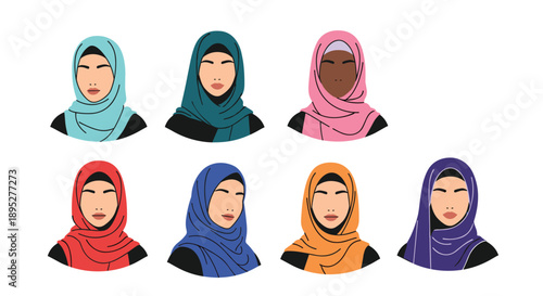 Diverse collection of minimalist portraits showing women wearing different colored hijabs representing diverse cultural backgrounds.