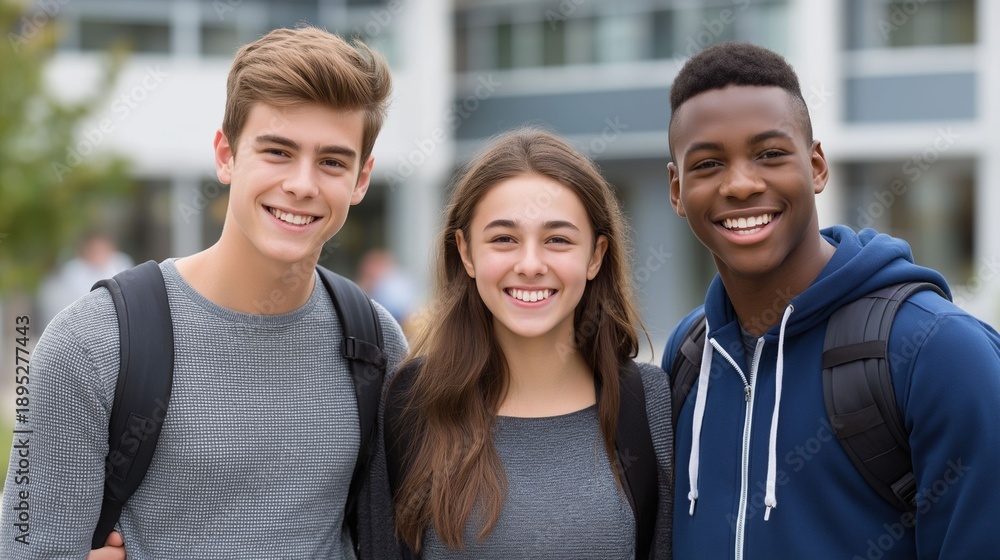 custom made wallpaper toronto digitalThree cheerful students stand together outside their school, beaming with happiness. The sun shines brightly as they enjoy a moment of friendship after classes, capturing the joy of youth
