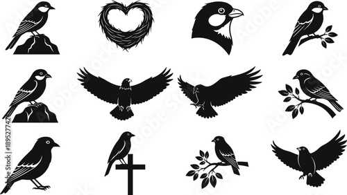 Black bird silhouette icon set, crow raven flying perched branch nest vector illustration collection isolated on white background