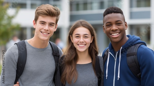 Wallpaper Mural Three cheerful students stand together outside their school, beaming with happiness. The sun shines brightly as they enjoy a moment of friendship after classes, capturing the joy of youth Torontodigital.ca