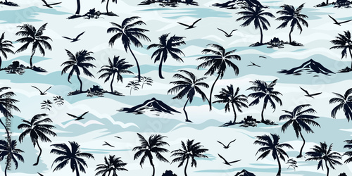 Tropical palm tree and bird seamless pattern on a light background