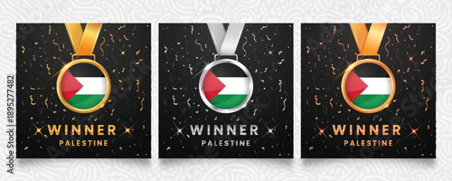 A prestigious collection of gold, silver, and bronze medals, each showcasing the distinctive flag of Palestine, set against a sophisticated dark background with celebratory confetti and sparkling acce