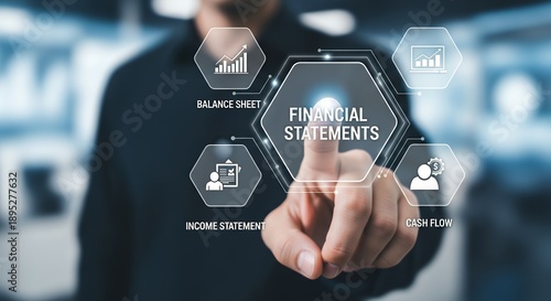 A business person analyzing financial statements on a digital interface